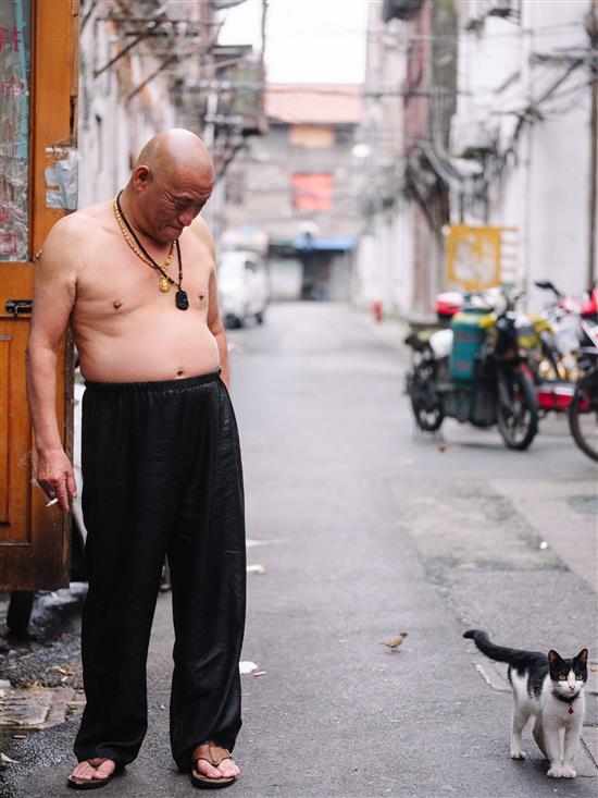 2020年6月，上海老西门，弄堂里的老头和猫。